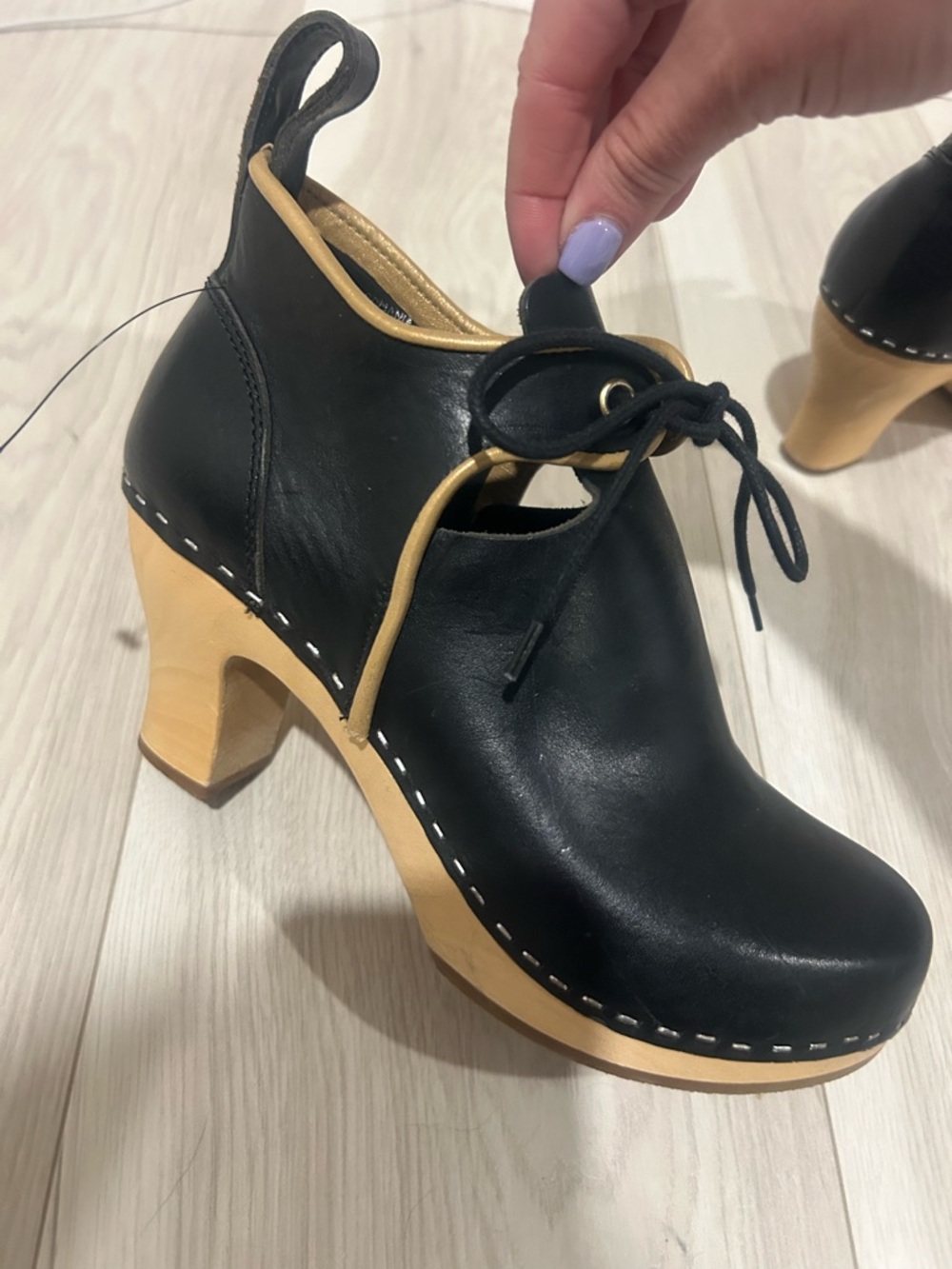 Swedish Hasbeen Leather Lace-Up Clog Heels with Natural Wood Sole - Picture 3 of 6